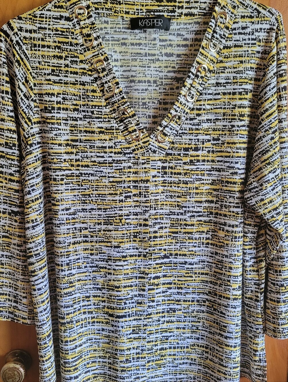 Kasper Yellow, Black and Cream Patterned V-Neck Tunic